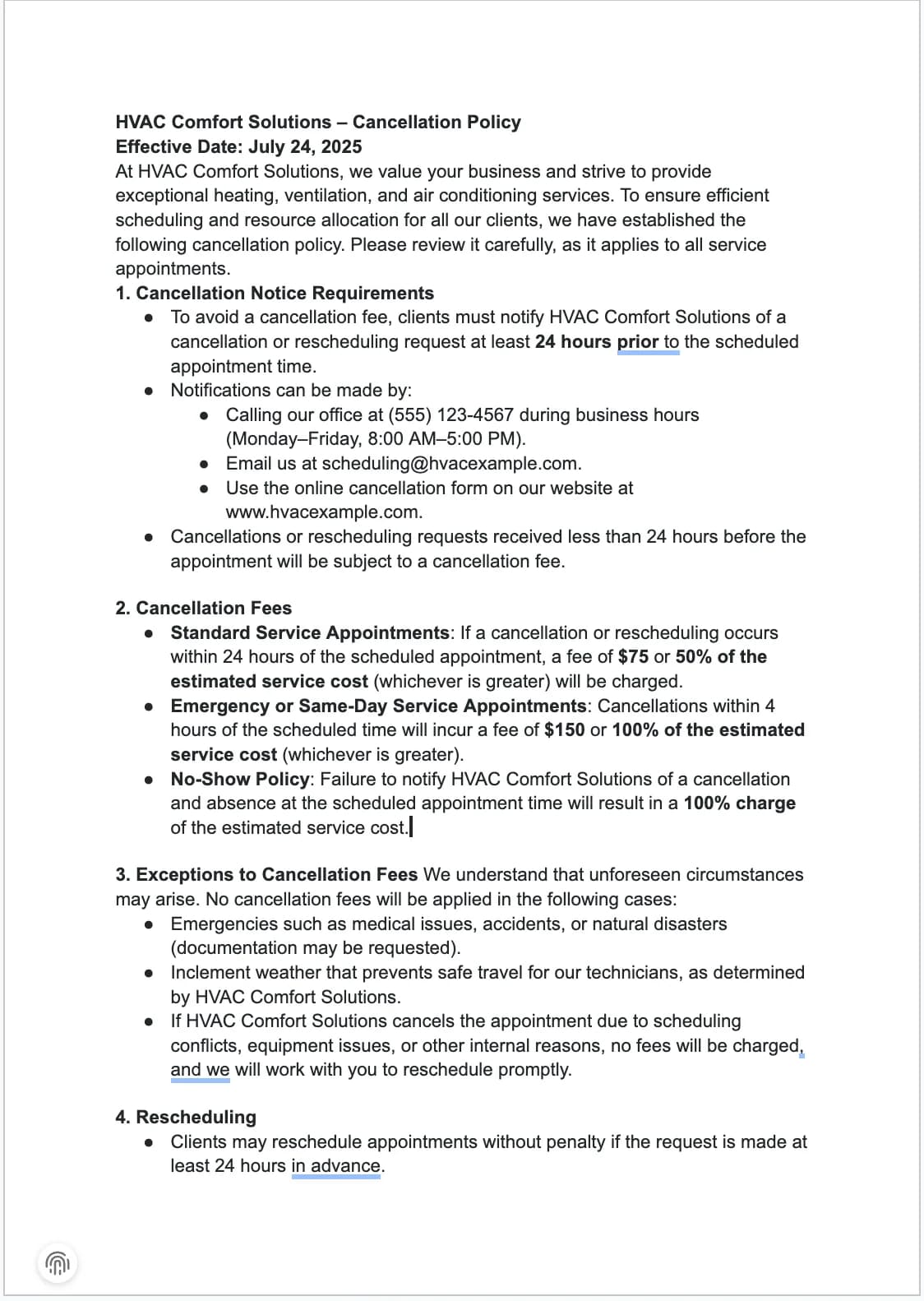 Cancellation Policy Screenshot