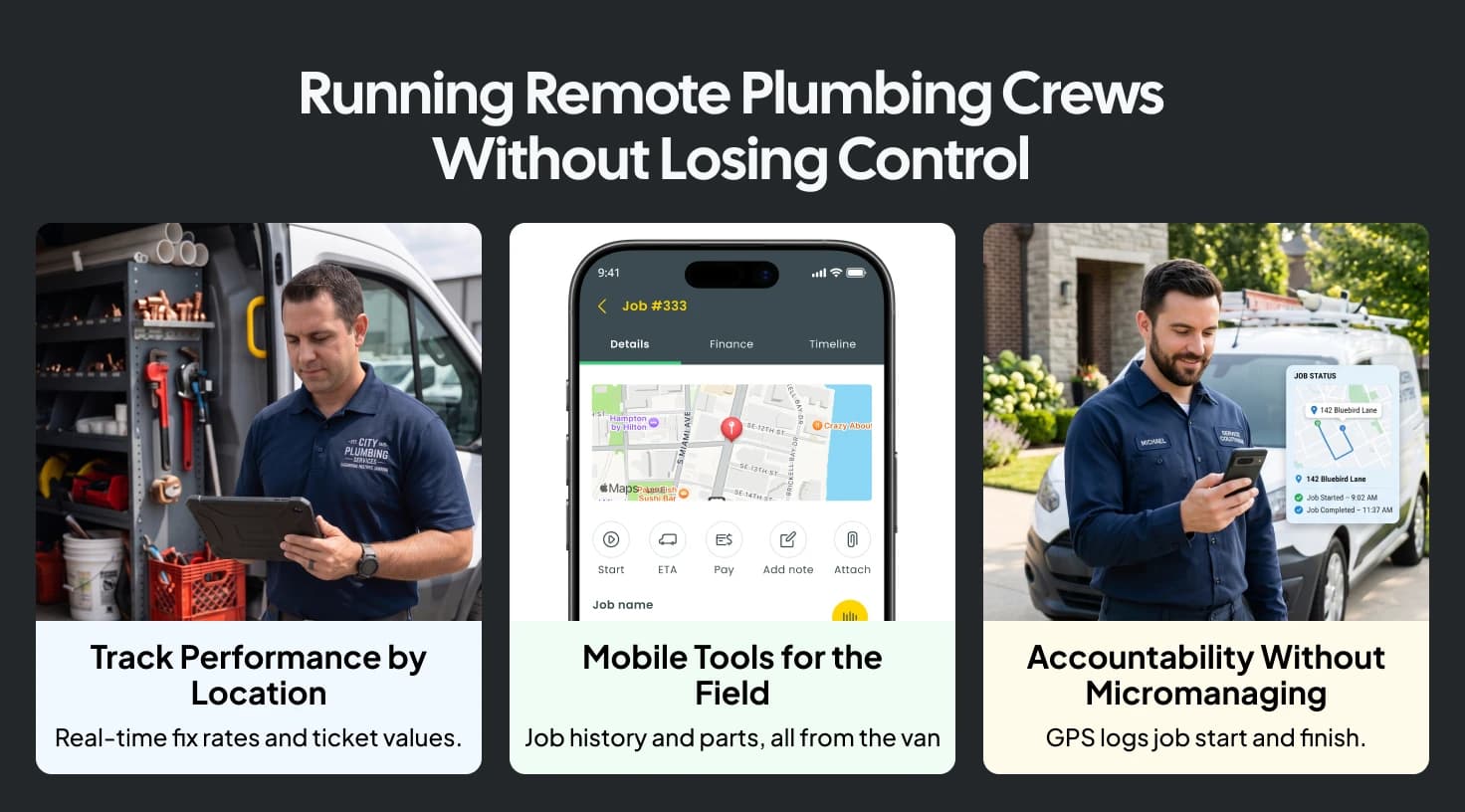 emote plumbing crew management with mobile job tracking, location performance monitoring, and GPS-based technician accountability.