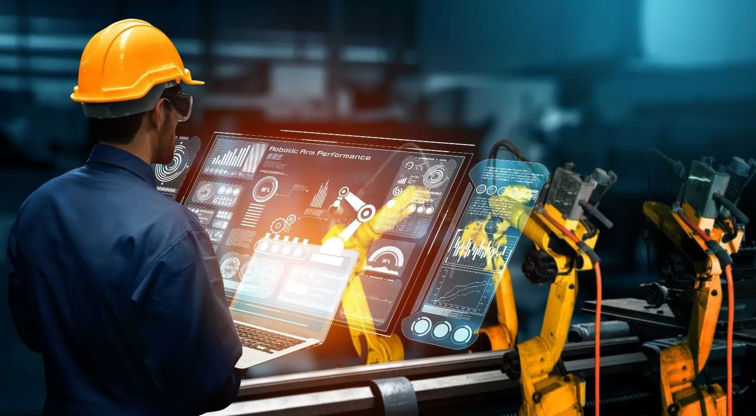 Factory Worker With Automated Robots