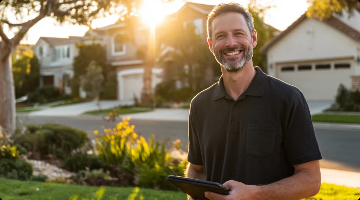 Happy Technician With Tablet Near Customer House