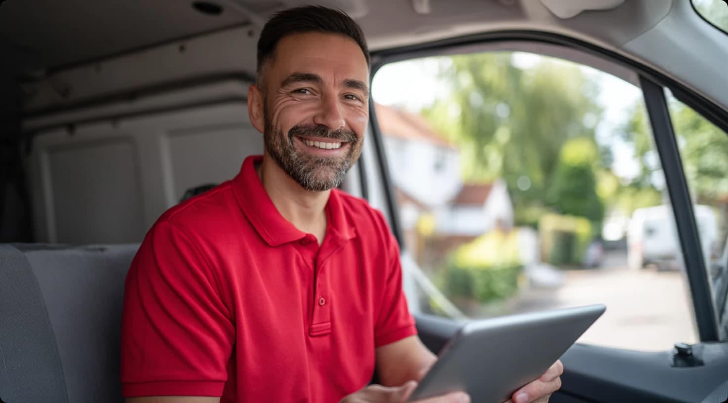 Professional Plumber In Work Van With Tablet