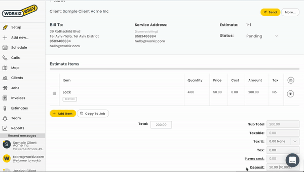 create an estimate inside workiz interface