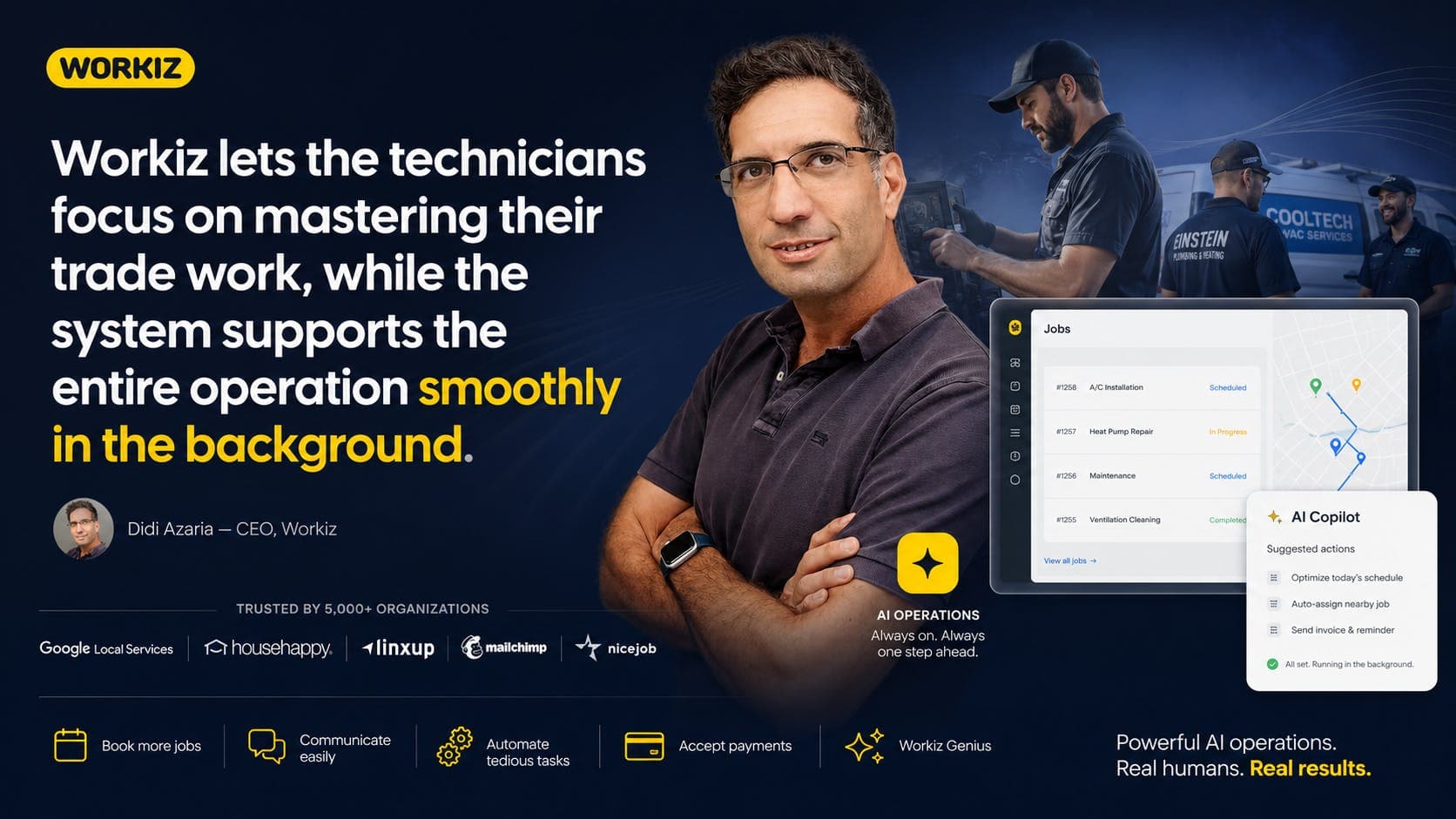 Workiz CEO Didi Azaria with AI-powered field service software dashboard, highlighting automation, scheduling, dispatch, and operational support.